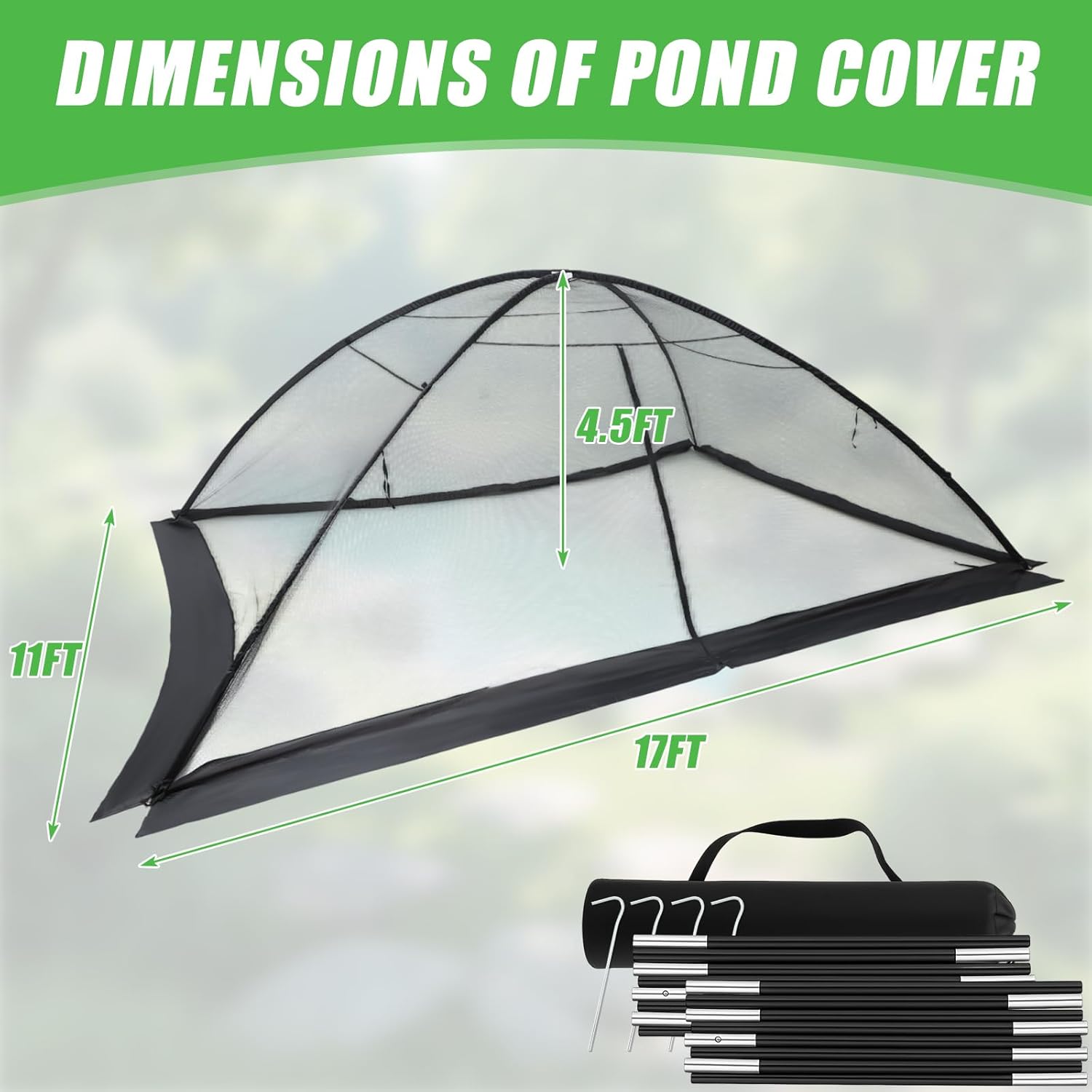 Pond Cover Dome Net 10x14 ft Netting Pond Covering Tent with Zipper Storage Straps, Fiberglass Poles, Ground Nails, Tie Ropes for Outdoor Garden Fish Pool Protection from Leaves Animals