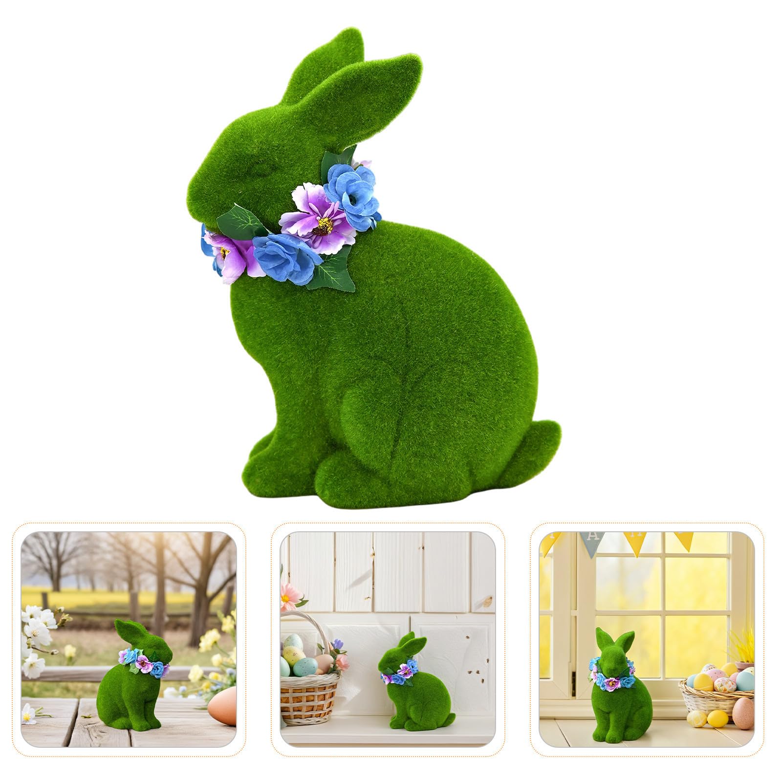 Decorazione Pasquale Coniglio in Resina 25cm Ghirlanda Floccata Verde, Tocco Morbido e Leggero per Arredo Giardino e Festa di Primavera