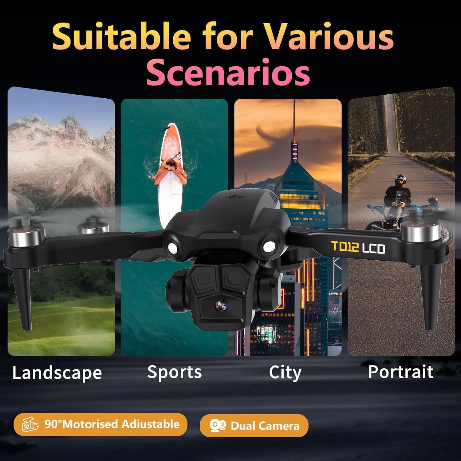 Toladrone TD12LCD Drone Pieghevole con Fotocamera 1080P, Quadricottero RC con Trasmissione immagini schermo LCD, Modalità senza testa, Regolazione elettrica 90°, Drone per Adulti e Principianti
