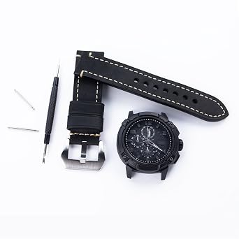 Black 20mm Genuine Leather Wristwatch Watch Band Oil Tan Vintage Watchband for Men with Stainless Buckle