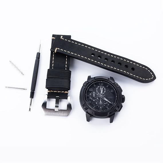 Black 20mm Genuine Leather Wristwatch Watch Band Oil Tan Vintage Watchband for Men with Stainless Buckle