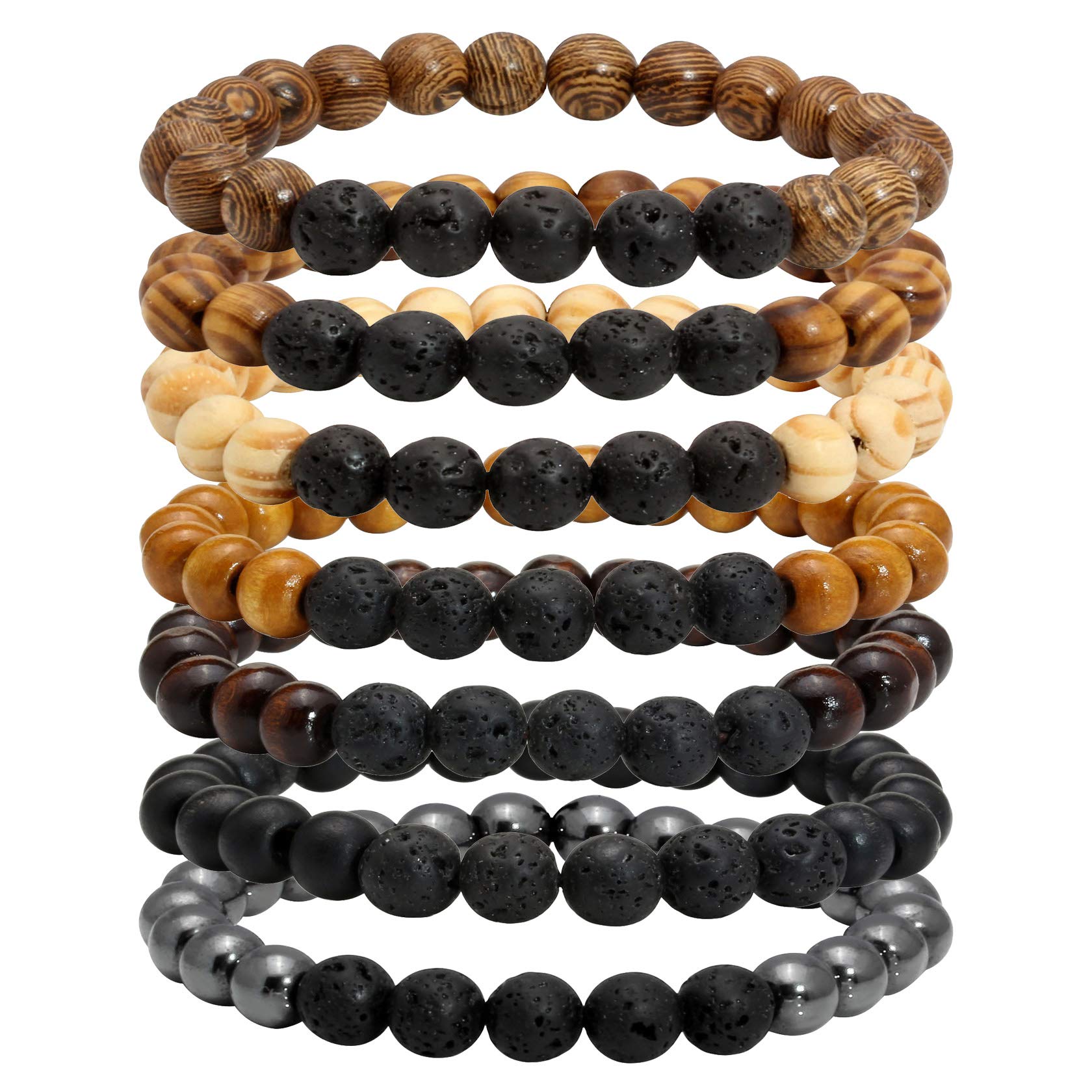 Pulsera difusora de aceites Esenciales con Cuentas de Piedra de Lava (7 Piezas) para Hombre y Mujer. Pulsera con Cuentas de Madera.