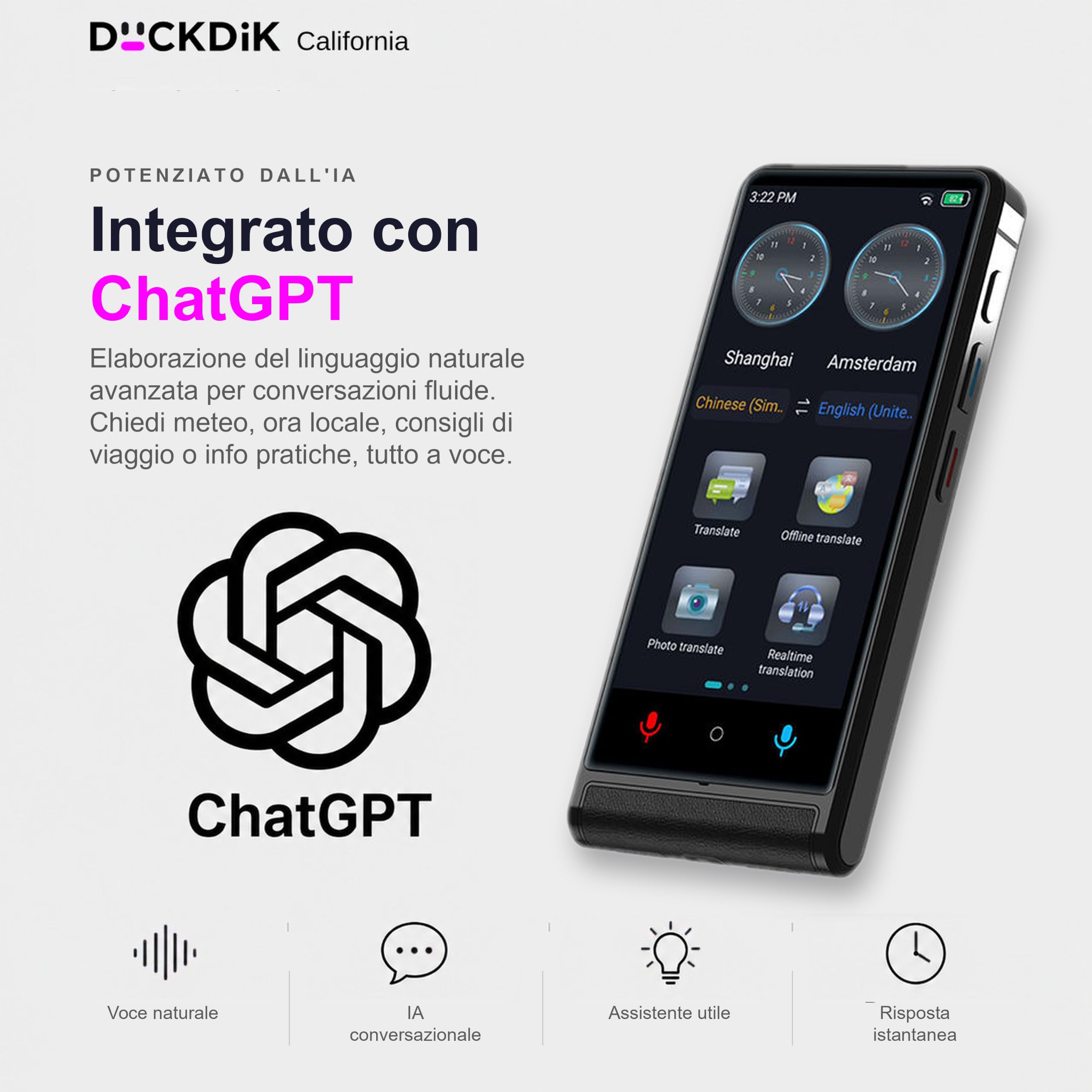California, Traduttore Vocale Istantaneo 2026 + App Traduzione Offline Inclusa a Vita (Valore 120€/Anno) — 142 Lingue Online, 22 Offline + 59 nell'App, Schermo Touch 4", IA