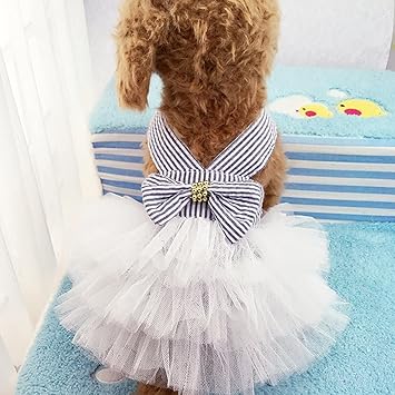 Celestte Dog Dresses, Fashion Pet Dog Clothes, Striped Mesh Puppy Dog Princess Dresses (XS, Blue)