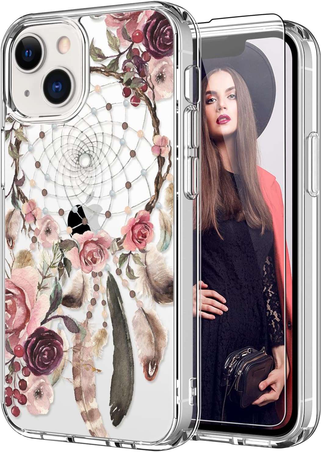 ICEDIOICEDIO iPhone IC Case with Screen Protector,Slim Fit Crystal Clear Cover with Fashion Designs for Girls Women,Durable Protective Phone Case for iPhone IC 6.1" Elegant Pink Blossoms