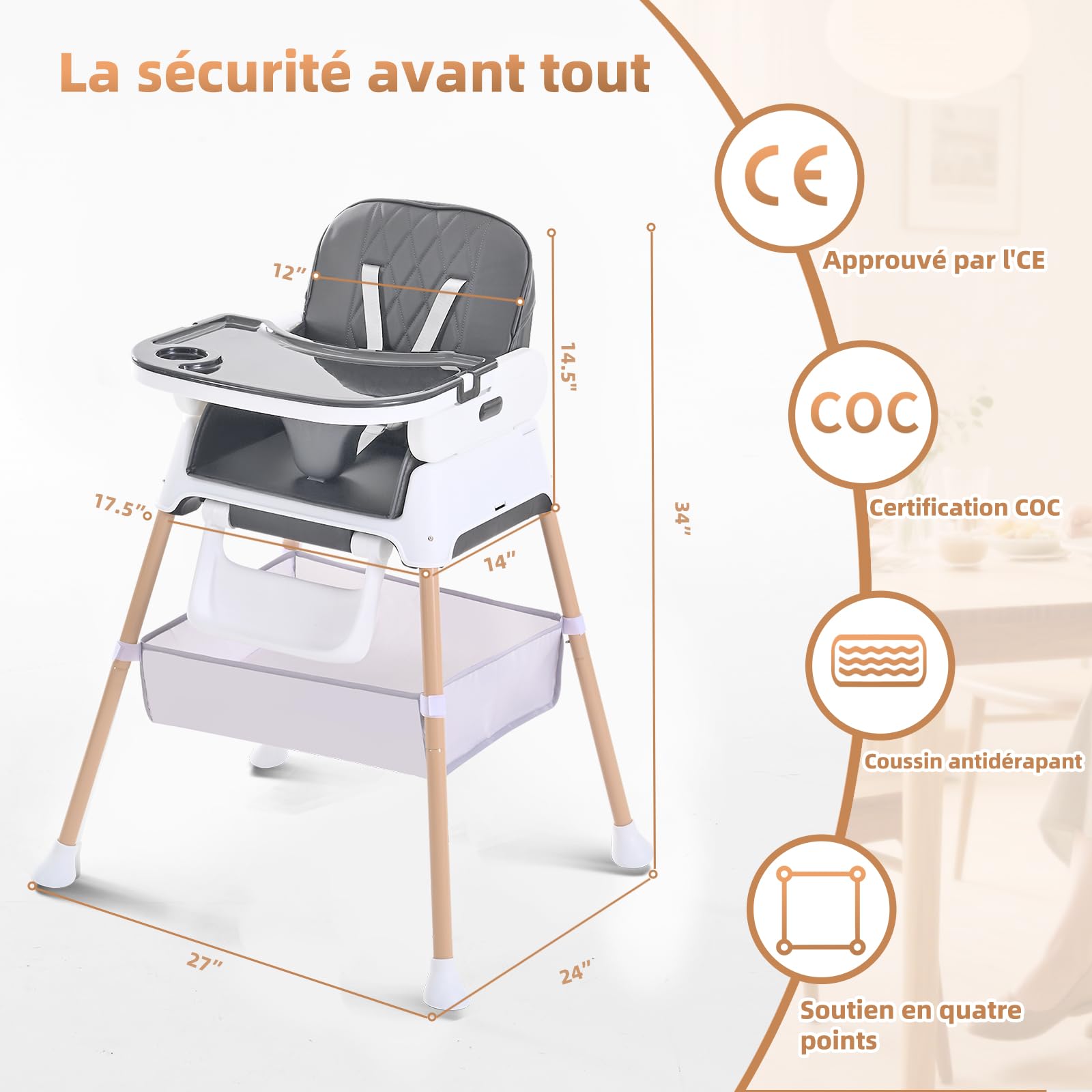 Chaise Haute Bébé, Chaise Enfant 3 en 1 Cabriolet et Réglable, D'alimentation Rehausseur Chaise Enfant Portatif Compactes pour Bébé, de 6 Mois à 3 Ans (Gris)