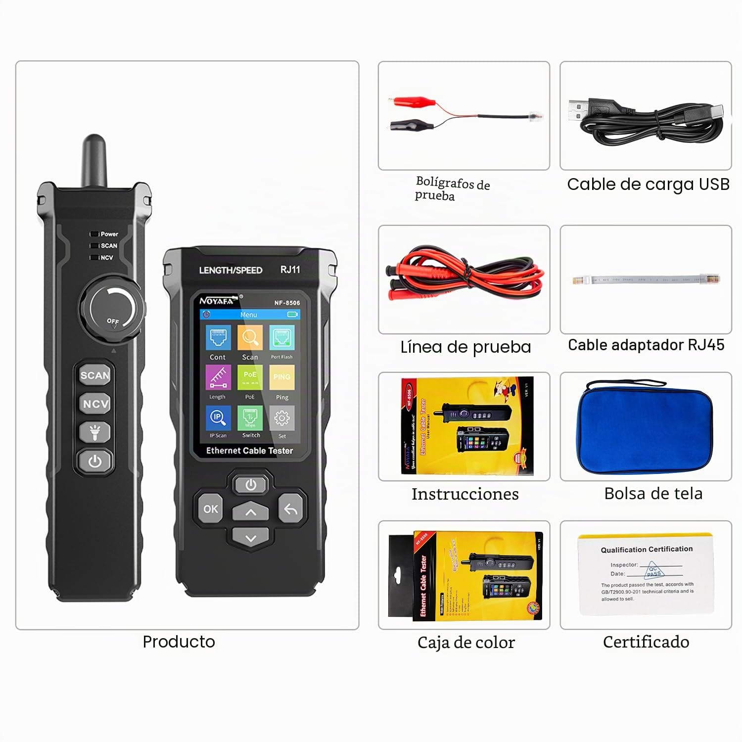 NOYAFA NF-8506 Probador de Cables de Red – Tester Ethernet con Prueba Ping, Escaneo IP y TDR, Test de Velocidad de Red, Parpadeo de Puertos, Localizador de Cables RJ45 RJ11, CAT5 CAT6