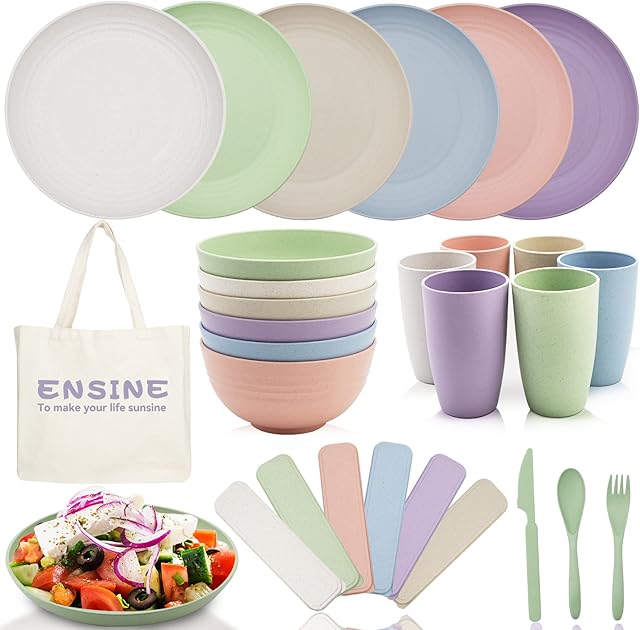ENSINE 44PCS Premium Plates and Bowls Set with Carry Bag, Dinner Sets Plastic for 6 People,Unbreakable &Lightweight Picnic Dinner Sets , Safe Plastic Plates, Cups, Bowls & Cutlery Set (6 Colors)