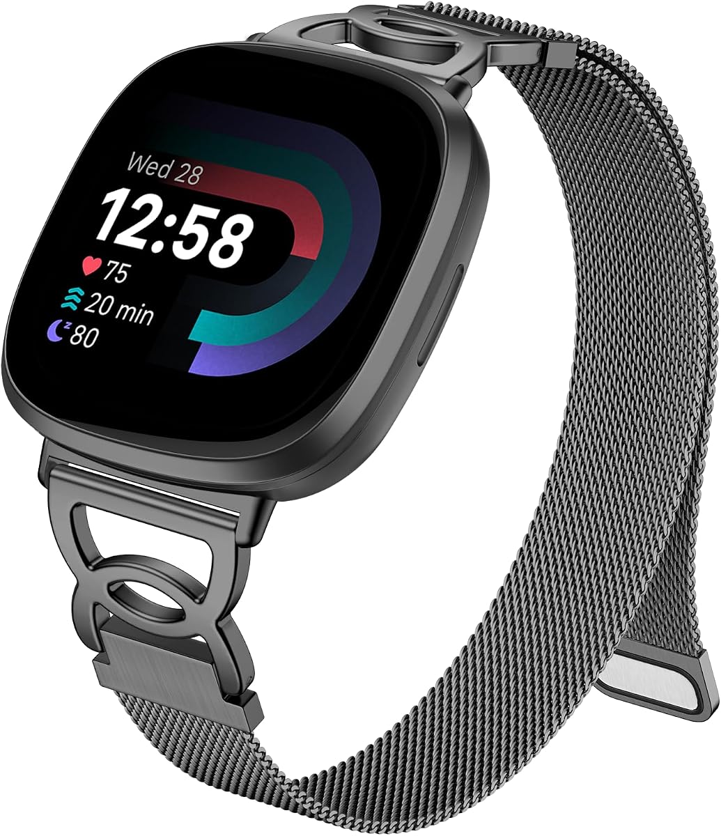 Ouwegaga DC-Shape Metal Band Compatible with Fitbit Versa 4 Bands/Versa 3/Sense/Sense 2 Bands for Women, Unique Slim Stainless Steel Milanese Mesh Loop Magnetic Strap Compatible with Fitbit Smartwatch