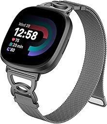 Ouwegaga DC-Shape Metal Band Compatible with Fitbit Versa 4 Bands/Versa 3/Sense/Sense 2 Bands for Women, Slim Stainless Steel Milanese Mesh Loop Magnetic Strap Compatible with Fitbit Smartwatch