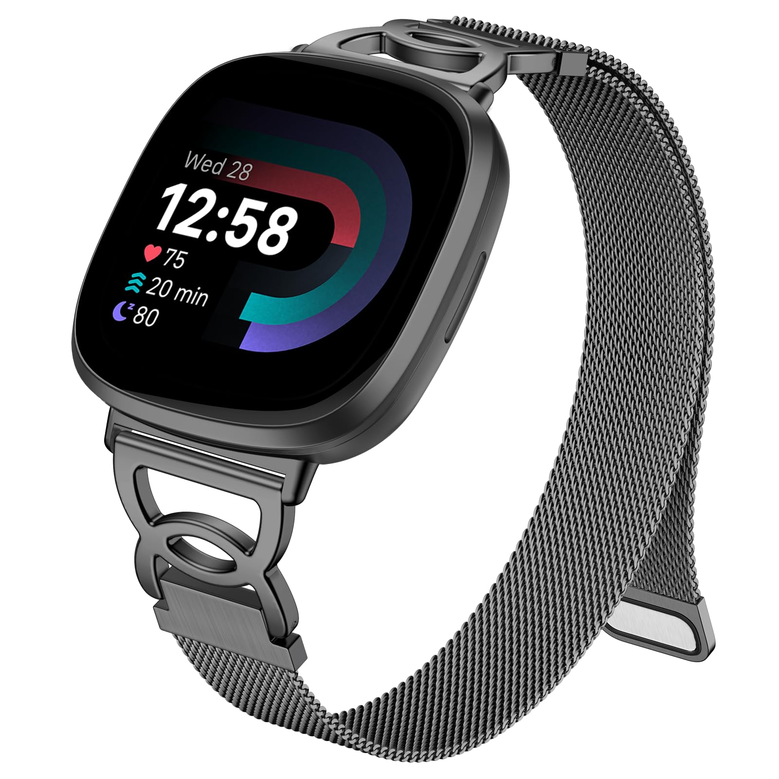 Ouwegaga DC-Shape Metal Band Compatible with Fitbit Versa 4 Bands/Versa 3/Sense/Sense 2 Bands for Women, Slim Stainless Steel Milanese Mesh Loop Magnetic Strap Compatible with Fitbit Smartwatch