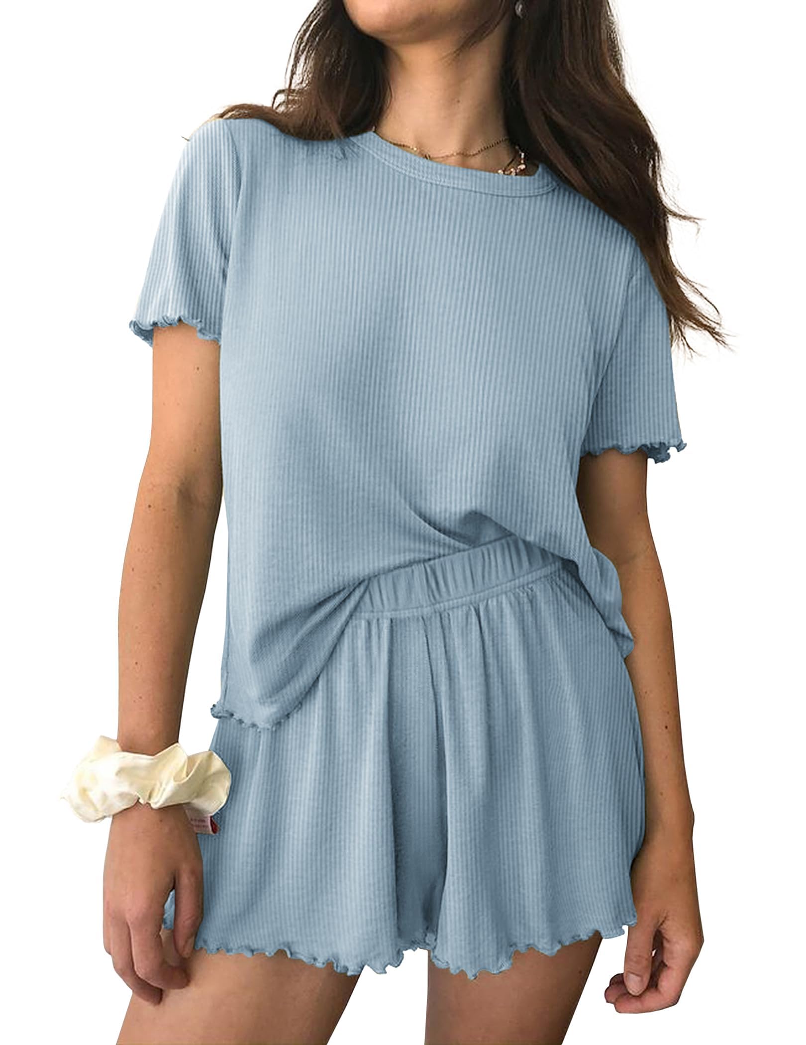 Ekouaer Damen Schlafanzug Gestrickt Pyjama Set Rundhals Kurz Nachtwäsche Mit Rüschen Zweiteiliger Weich S-XXL