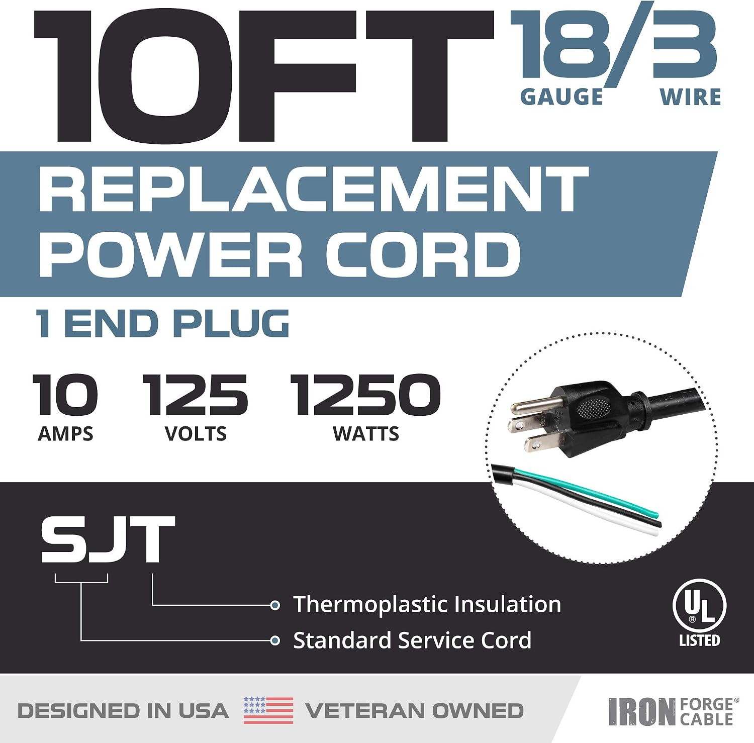 18 AWG Replacement Power Cord with Open End - 10 Ft Black Extension Cable, 18/3 SJT, NEMA 5-15P