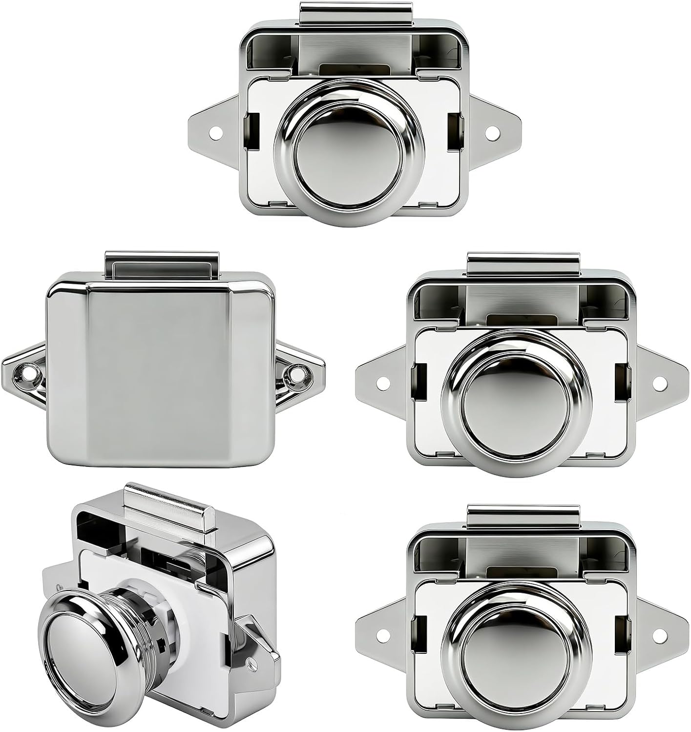 LENKRAD RV Push Button Cabinet Door Lock & Marine Drawer Latches, Boat Cupboard Latch Push-to-Open Locks & Closures for Yachts, Campers, Caravans (ABS Body & Zinc Alloy Chrome) - 5 Pcs