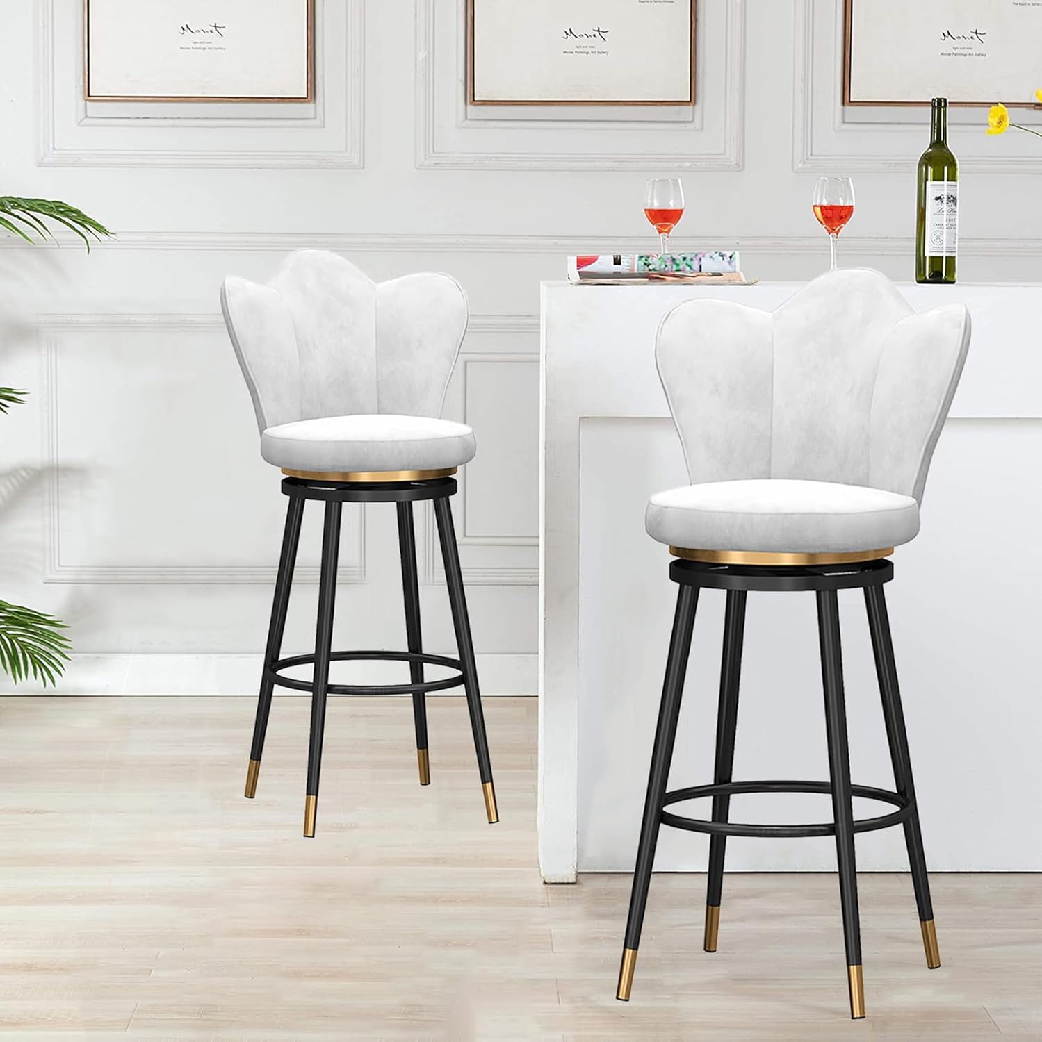 Bar Stools Set of 3 - Counter Height Bar Stools, Swivel Bar Stools with Backs, Velvetfor Kitchen Counter, Seat Height 75cm, White