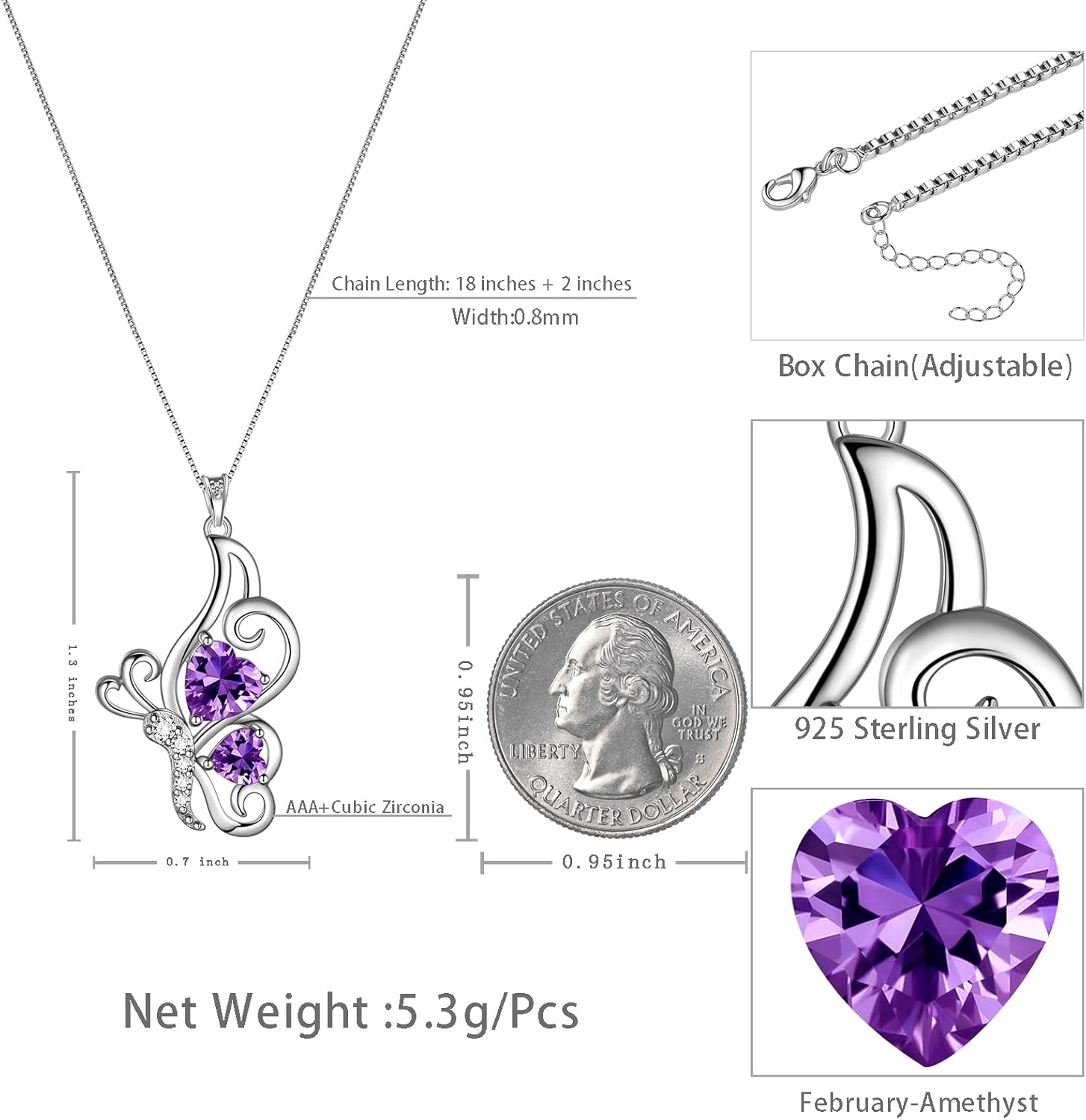 Butterfly Heart Necklace Birthstone Pendant Necklace Earrings Bracelet Women 925 Sterling Silver Animal Butterflies Birthstone Pendant Crystal Birthday Jewelry Wedding Gift - Image 3