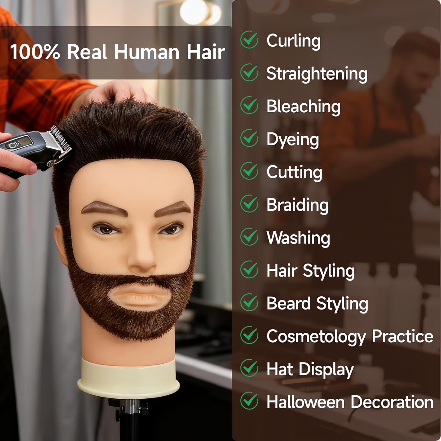 Male Mannequin Head,Training Head with 100% Human Hair 12inch Barber Mannequin Head Male Mannequin Head With Beard for Hair Styling, Practicing Cut Styling（With Beard, Brown）