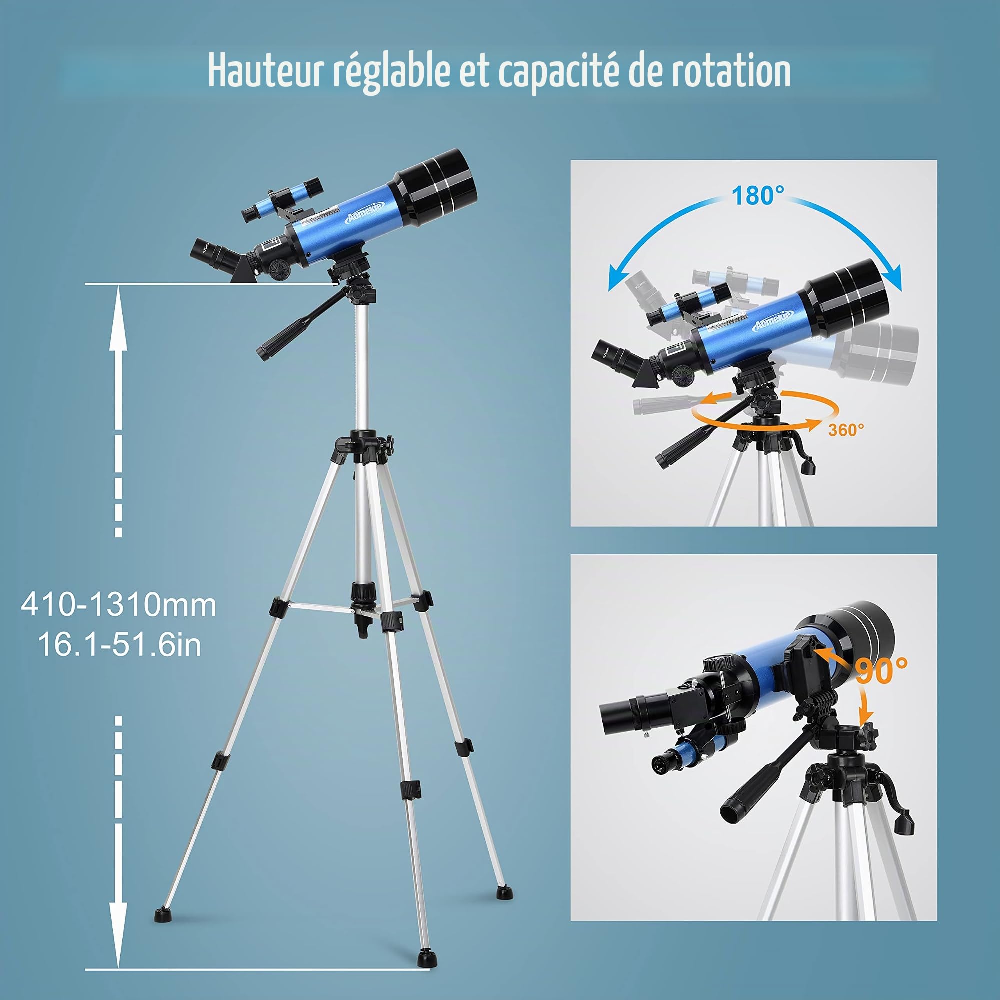 Aomekie Télescope Astronomique Adulte 400/70mm Lunette Astronomique Réfracteur avec Adaptateur de Téléphone Trépied Ajustable et Chercheur pour Débutants (40070 avec Sac)