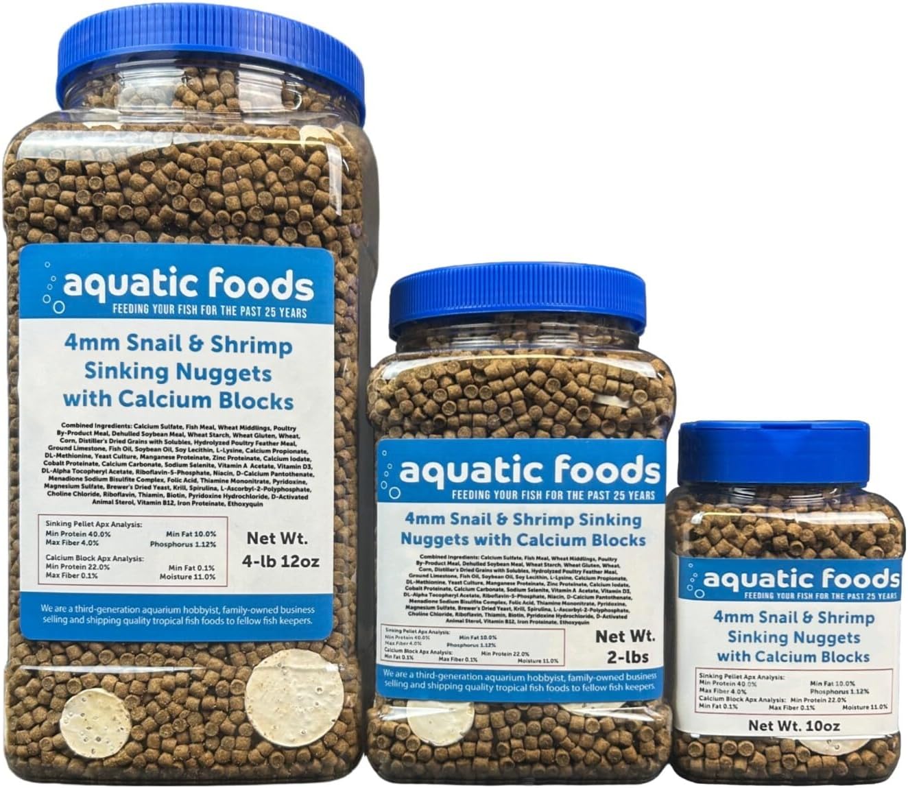Aquatic Foods Inc. Calcium Blocks Included in Snail & Shrimp 4mm Sinking 40% Protein Nuggets. Ideal for All Snails, Shrimp and Bottom Tropical Fish…2-lbs Jar