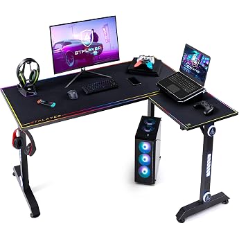 GTPLAYER TB300 L-Shaped Desk, Gaming Desk, Computer Desk, Desk Mat, Carbon Tone, Load Capacity 220.5 lbs 100 kg, Carbon Fiber Top Plate, Sturdy Frame Stable, Freely Arranged, RGB Light Included