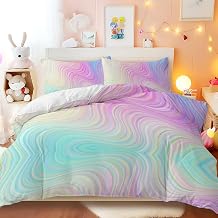 BlessLiving Duvet Cover Set, Pastel Rainbow Marble Colorful, Double 3-Piece | soft microfiber feel, duvet cover with pillowcases, 3D print, for teen bedrooms, girls bedrooms, easy machine care