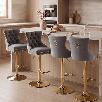 Adjustable Swivel Bar Stools Set of 4, Grey Velvet, Gold Base