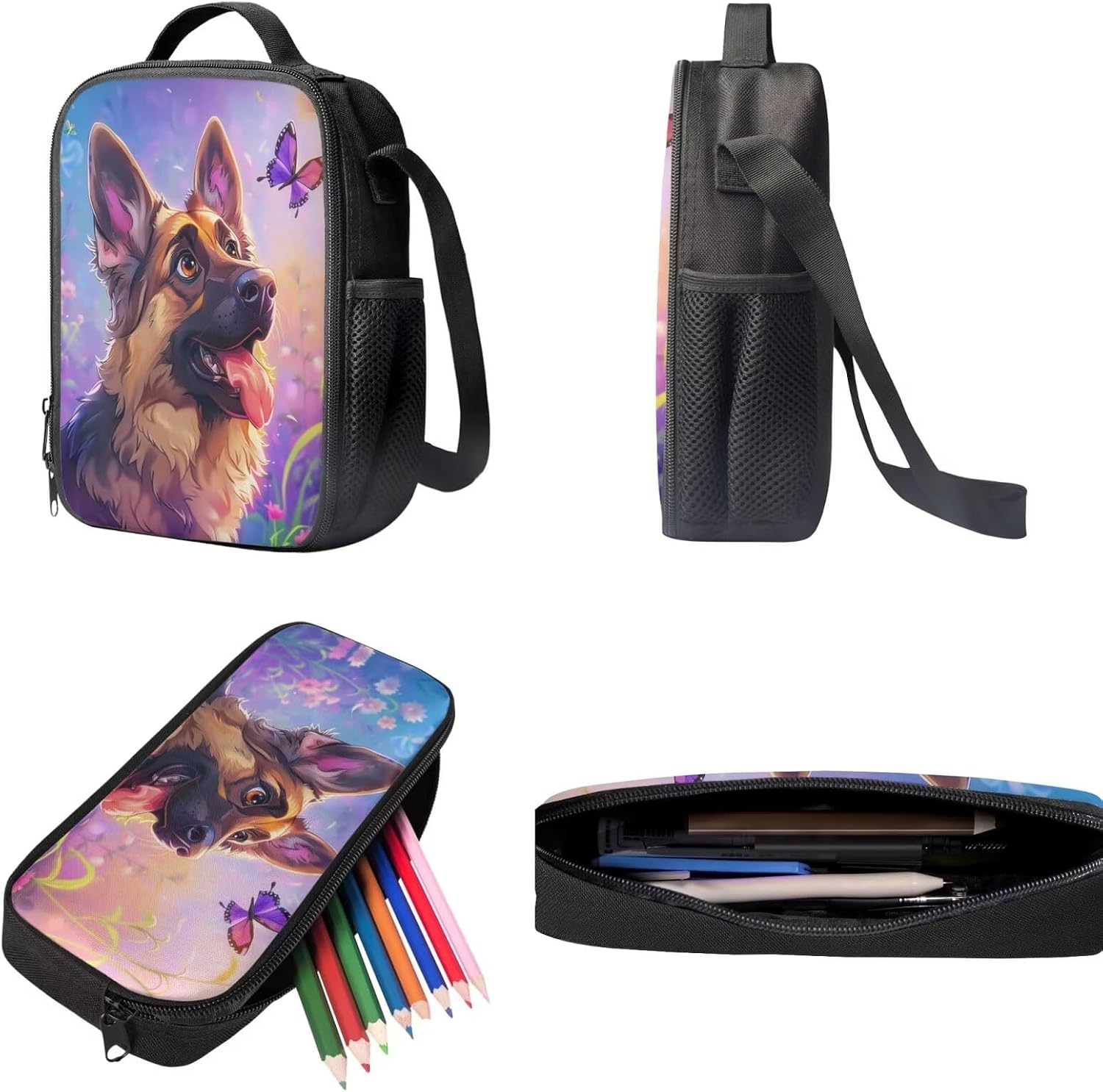 German Shepherd Dog Backpack for Kids with Lunch Box Pencil Case Water Bottle Holder 17 Inch School Bag for Girls and Lunch Bag 4-in-1 Backpacks Set for Elementary Middle Student, Butterfly