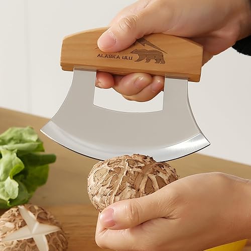 Miniatura 5 de Cuchillo Ulu Mezzaluna de Alaska de 5 pulgadas, Cortador Rebanador Picador Balancín para Verduras de Ensalada, Troceado Picado Picado Fino Cuchilla