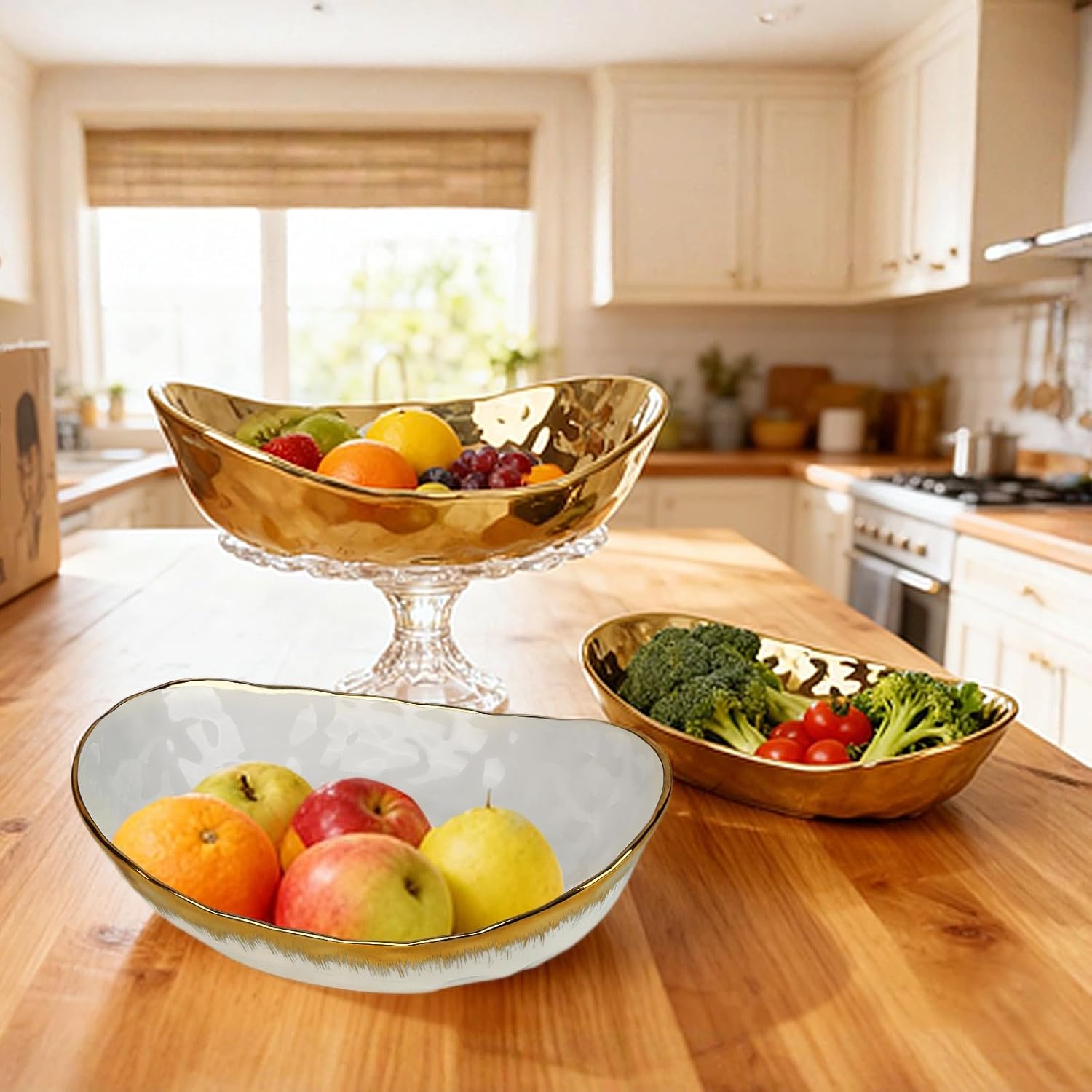 3 Tier Fruit Bowl for Kitchen Counter, Ceramic Fruit Bowl with Metal Stand, 3 Tier Fruit Basket for Vegetable Snacks Nuts Bread Candy Storage (Gold)