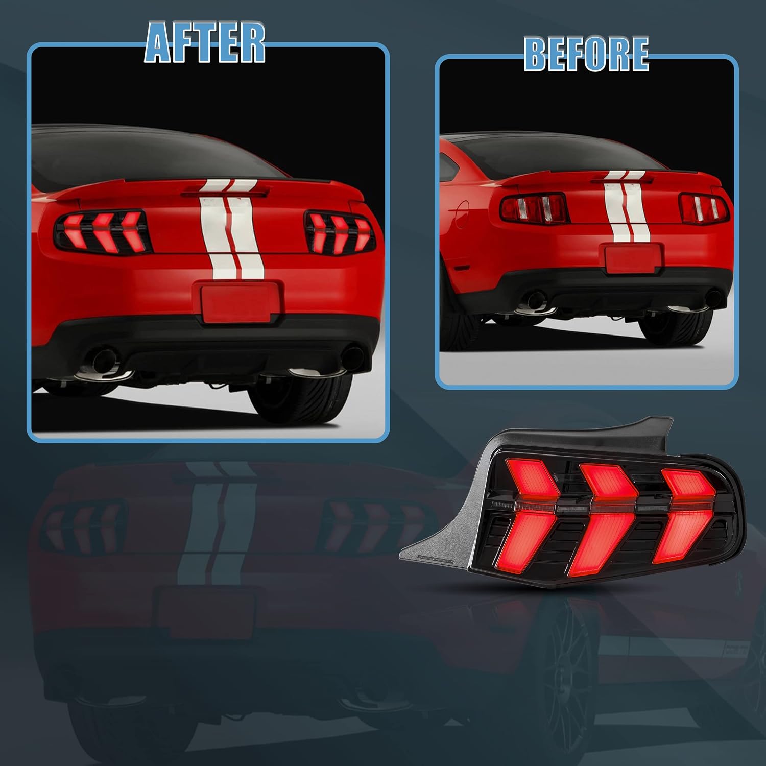 Comparison image showing a red Ford Mustang with original taillights (BEFORE) and with VLAND taillights installed (AFTER), alongside a close-up of the VLAND taillight.