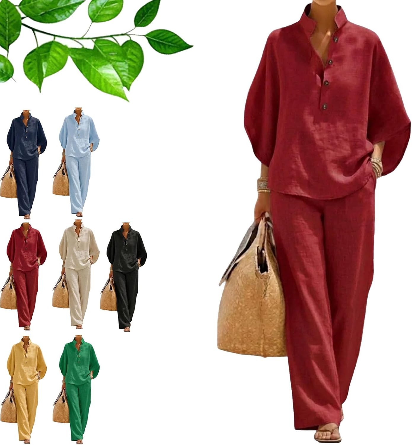 Women's Batwing Sleeve Linen Cotton Two Piece Set - Casual Shirt and Wide Leg Pants Outfit, Breathable Comfortable