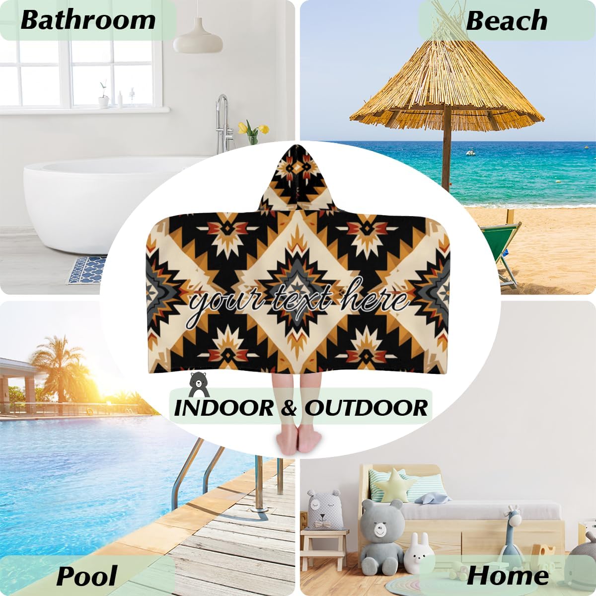 Aztec American Ethnic Abstract Triangular Personalized Kids Beach Towel for Boys Girls, Custom Name Hooded Bath Towel Quick Dry Absorbent Beach Blanket Pool Swimming Towels