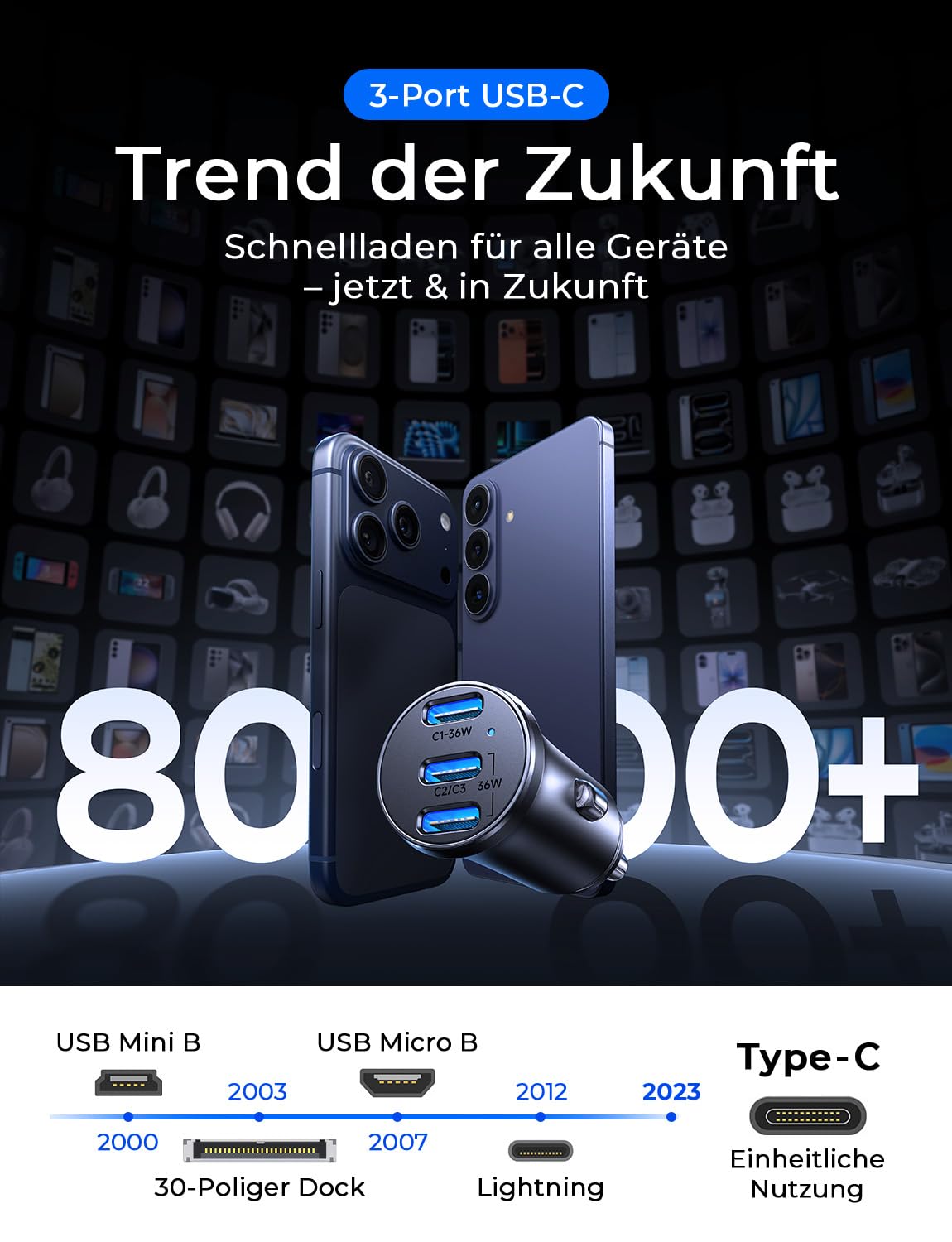 LISEN 108W Zigarettenanzünder USB C, [PD3.0 Superschnelles Laden] 3-Port Autoladegerät Zigarettenanzünder, KFZ Ladegerät USB C, Car Charger für iPhone 17 16 15 Pro Max iPad Galaxy S25