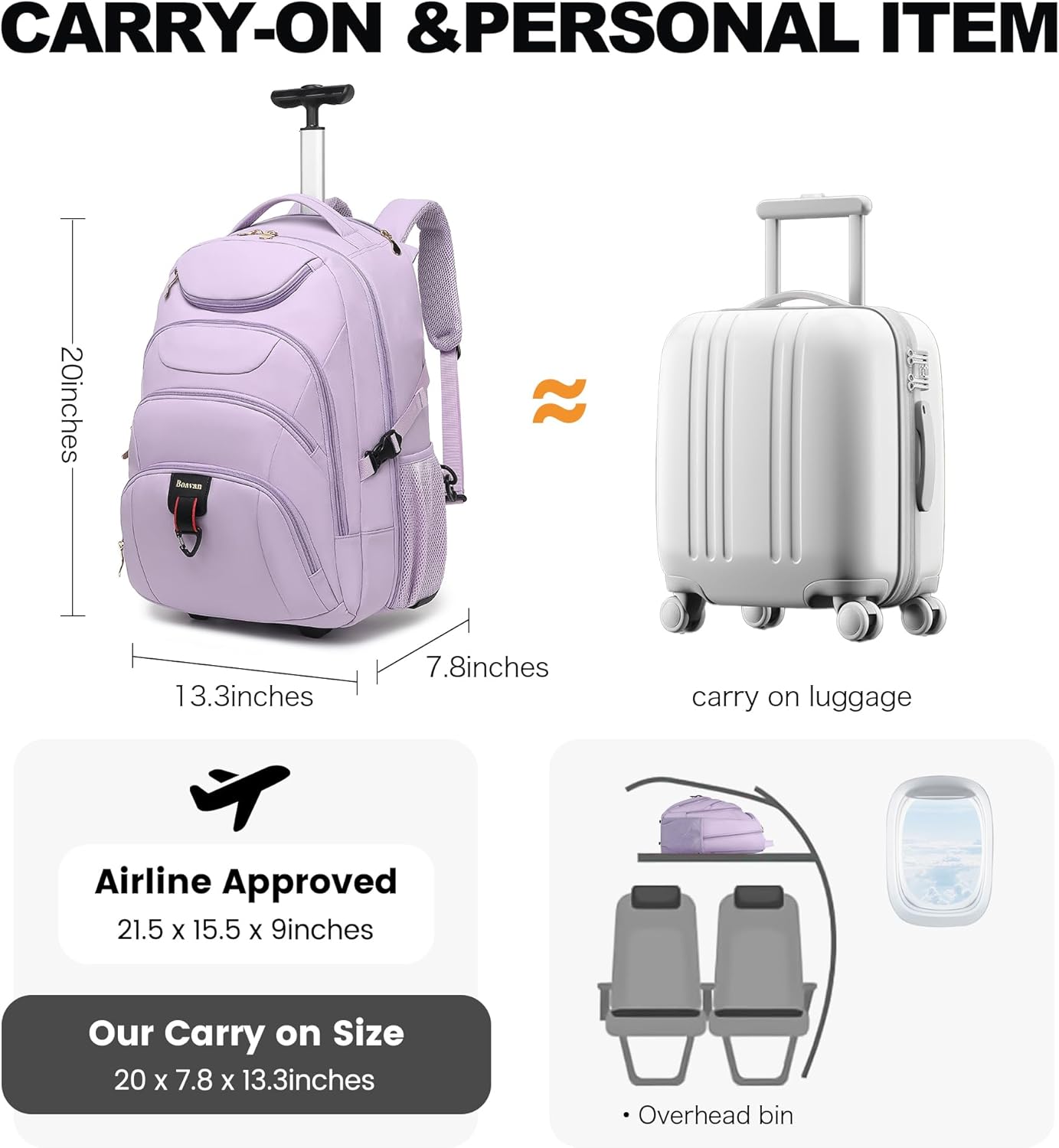 Boavan Rolling Backpack for Women, 17.3 Inch Wheeled Laptop Backpack,Large Travel CarryOn Bag for Teachers College Students, USB Charging Port Waterproof Business for Airplane Overnight Luggage，Purple