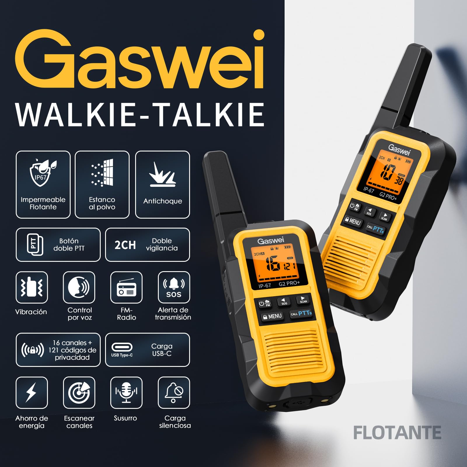 Gaswei G2Pro Walkie-Talkies Profesionales, 2 Unidades - IP67 Impermeable y Flotante, Largo Alcance, SOS, Radio FM, Color Amarillo​ - 2
