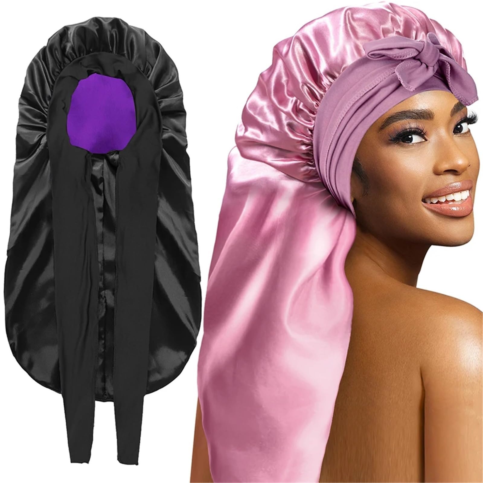 Seidenhaube Haarpflege Extra große, lange Haar-Mütze aus Seide mit elastischem Satin-Haarband, bequeme Kopfbedeckung, Nachtschlafmütze for Schlafen unter der Dusche FüR Schlafende(Pink)