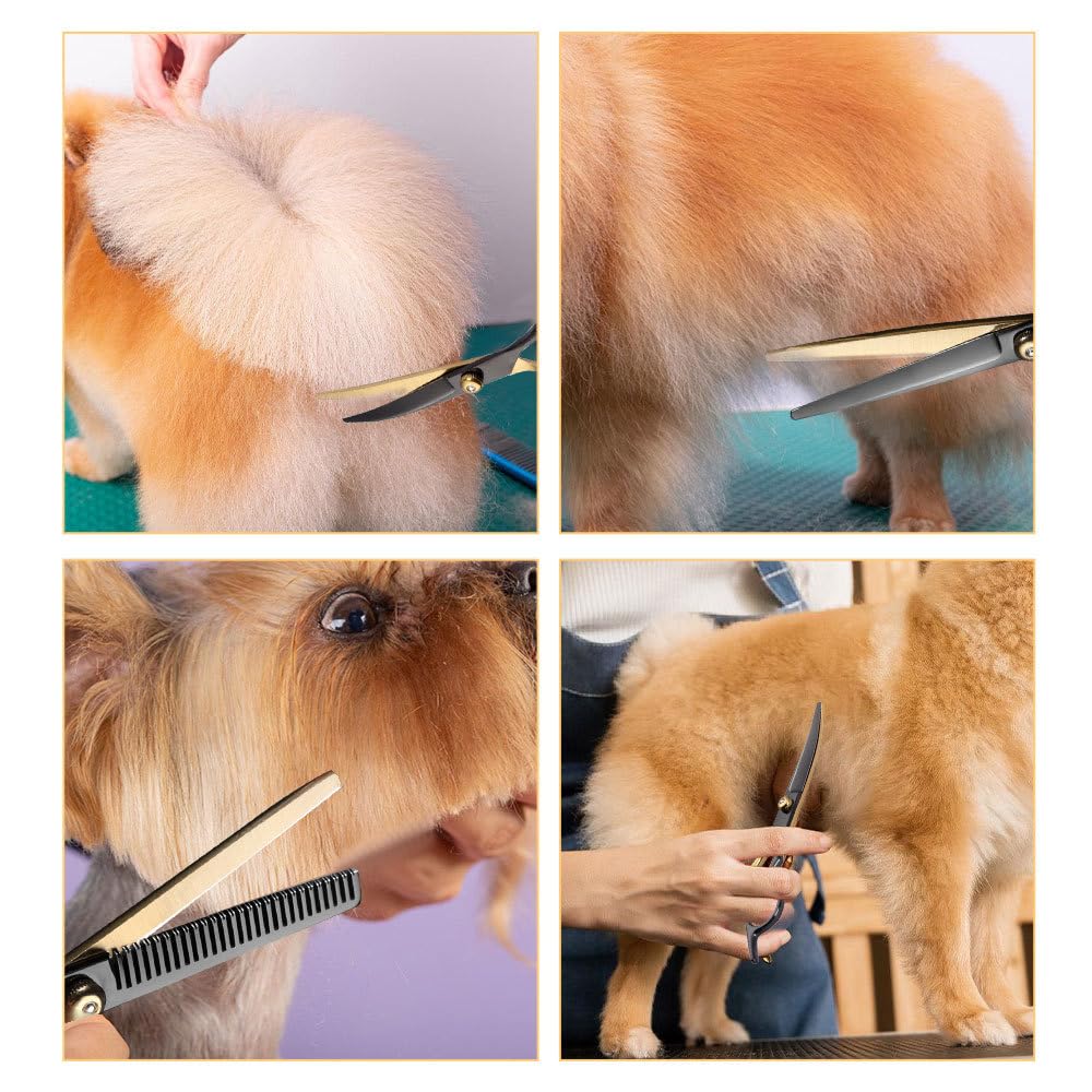 Hundepflege Schere Set, 7-in-1 Tierpflegeschere aus Edelstahl mit Runden Sicherheitsspitzen, Hundeschere Fellschere, Gebogene Katzen Trimmschere für Katzen und Hunde