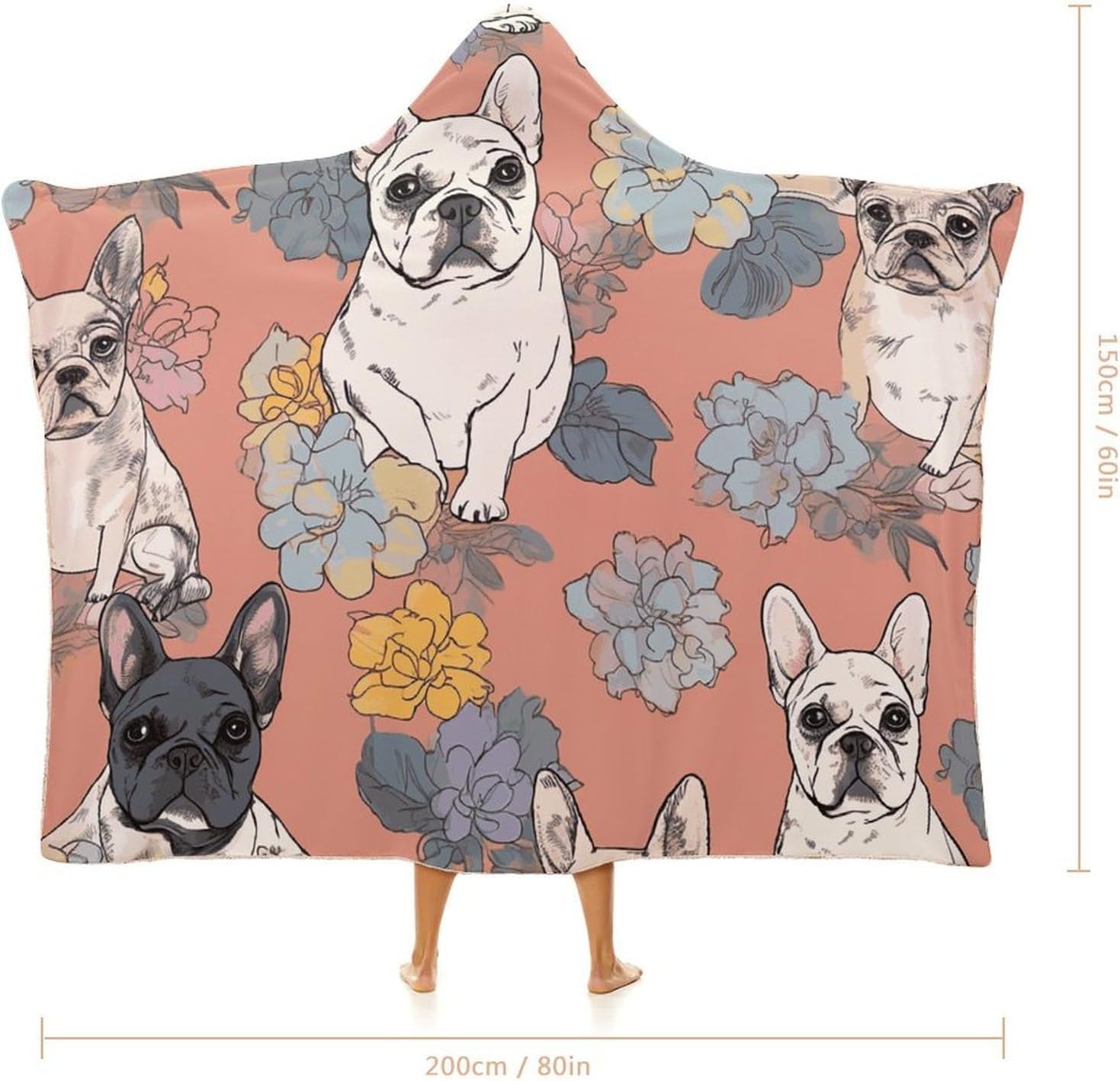 French Bulldog Print Hooded Blanket Cozy And Functional,Wearable Blanket Hoodie for Women Men,Blanket Poncho Presents60 x80