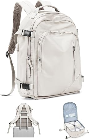 Travel Backpack for Women Men, Waterproof Carry on Backpack for Flight Approved Personal Item Bag, Business Laptop Backpack with USB Charging for Hiking Gym with Shoe Compartment Casual Daypack White