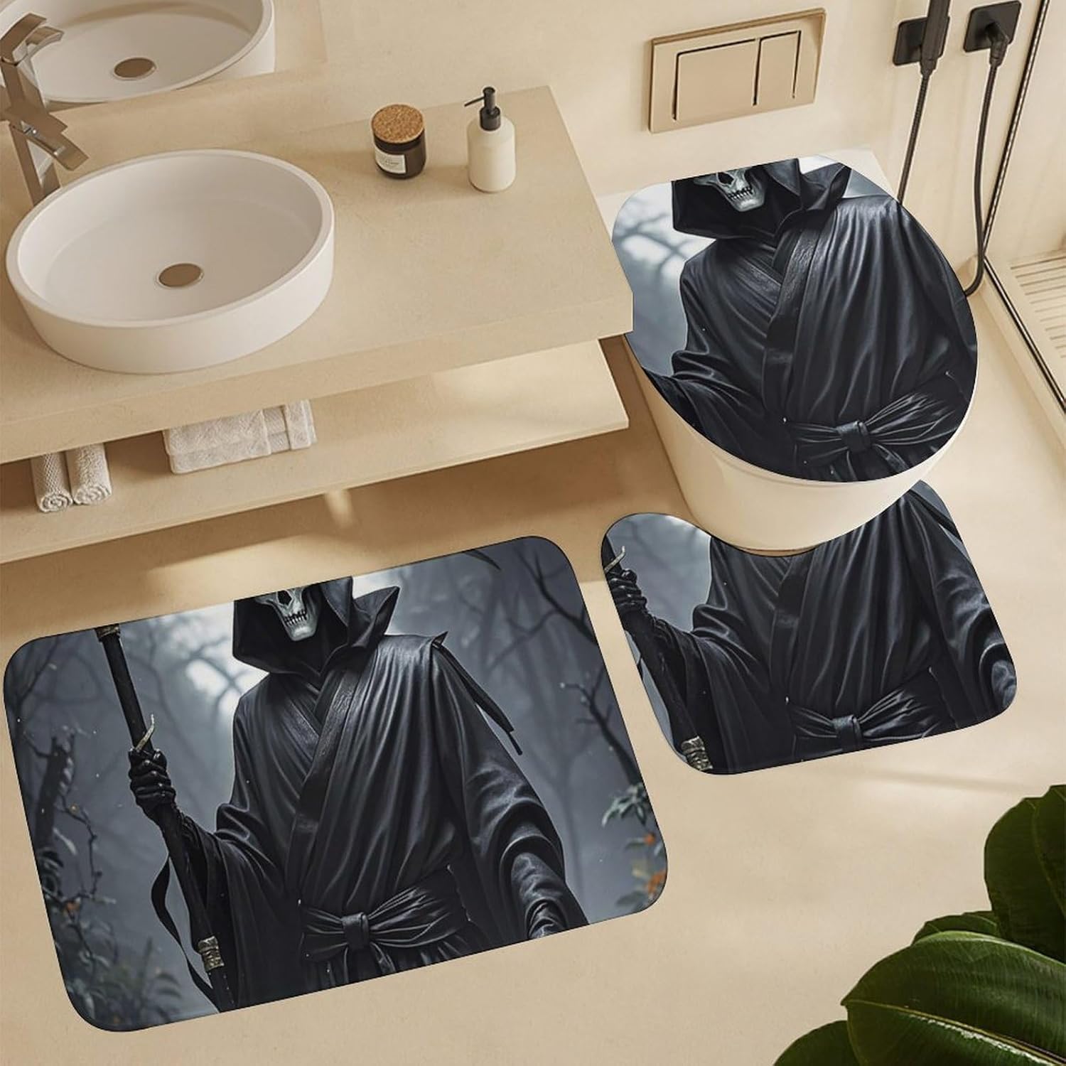 4 Piece Bathroom Rug Set with Shower Curtain, Non-Slip Bath Mat Toilet Cover Set, Grim Reaper Bathroom Rug Sets