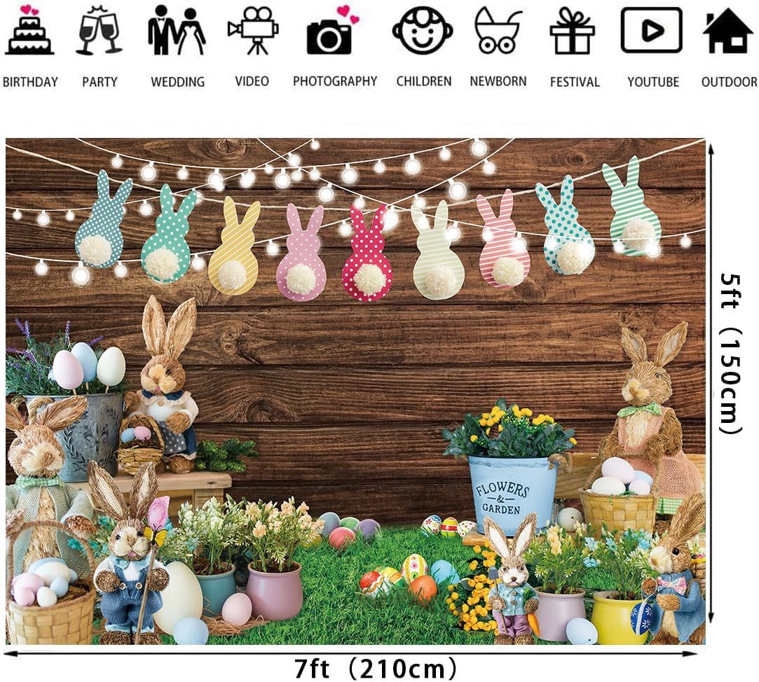 Easter Backdrop for Photography 7x5FT Spring Green Grass Flower Rabbit Egg Wooden Wall Background Easter Kids Newborn Portrait Photo Props