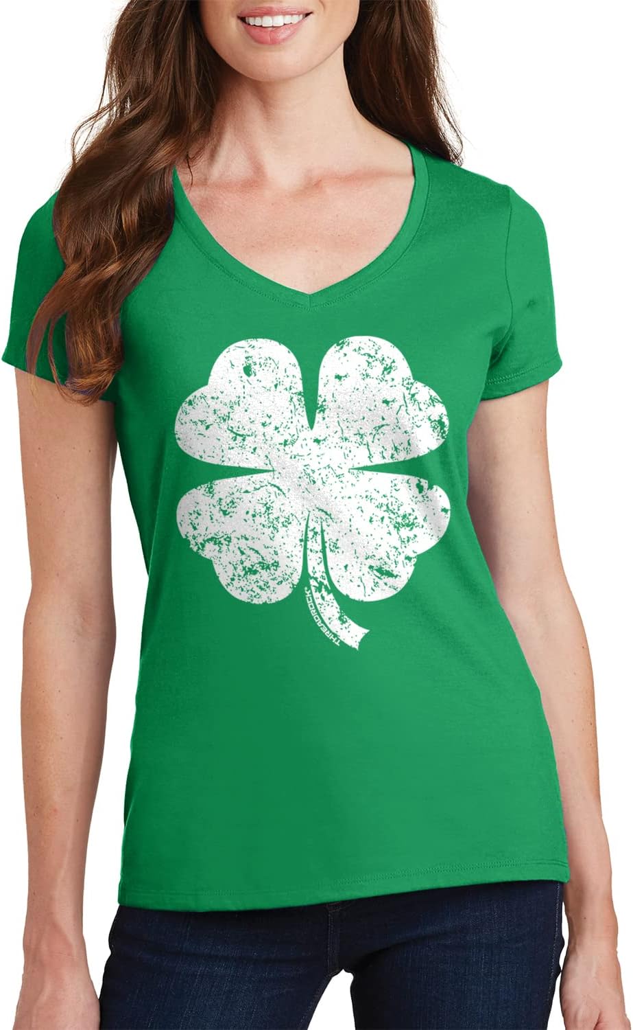 Women's Distressed Four Leaf Clover St. Patrick's Day V-Neck T-Shirt