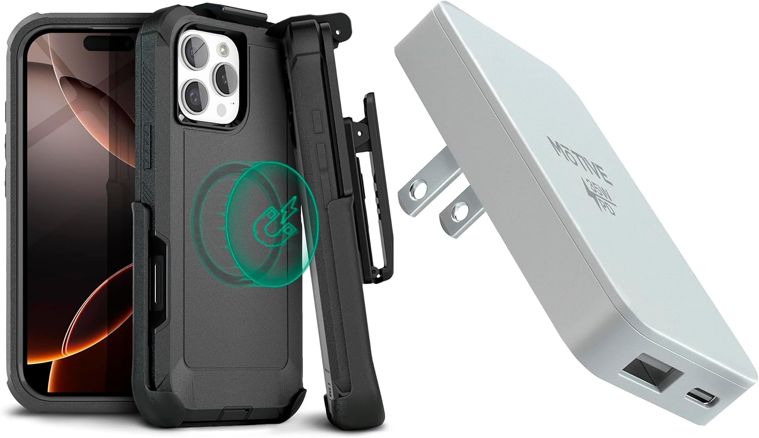MOTIVE Designed for iPhone 16 Pro Max Case with Belt Clip & Flat Wall Charger 35W, Magnetic Case Magsafe Compatible, Heavy Duty and Quad Layer, Super Fast Charger USB C & USB A