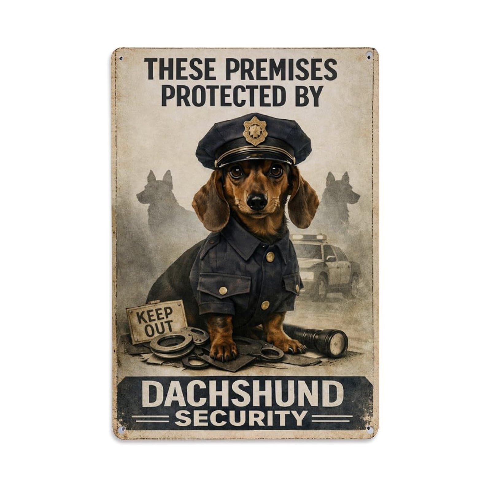 Jdfenggu Vintage Dachshund Police Officer Security Sign Retro Metal Tin Sign, Metal Poster For Bar, Home, Man Cave, Kitchen, Laundry Room Art Decor 8X12 Inch