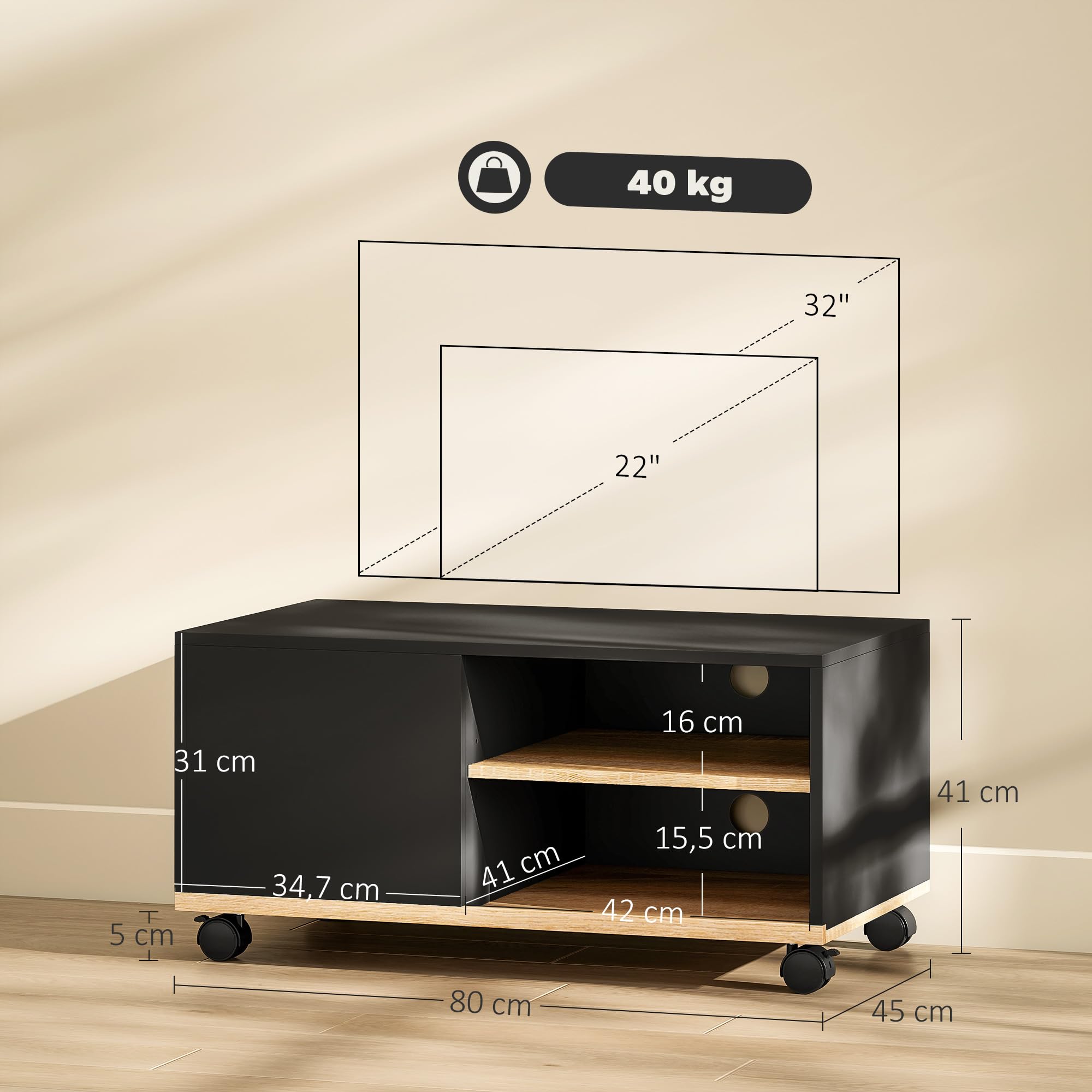 HOMCOM TV Schrank Lowboard auf Rollen mit Schrank, Kabelführung und Verstellbarer Ablage, Fernsehtisch für Fernseher bis 32 Zoll, TV Board für Wohnzimmer, Schwarz und Eiche, 80 x 45 x 41 cm