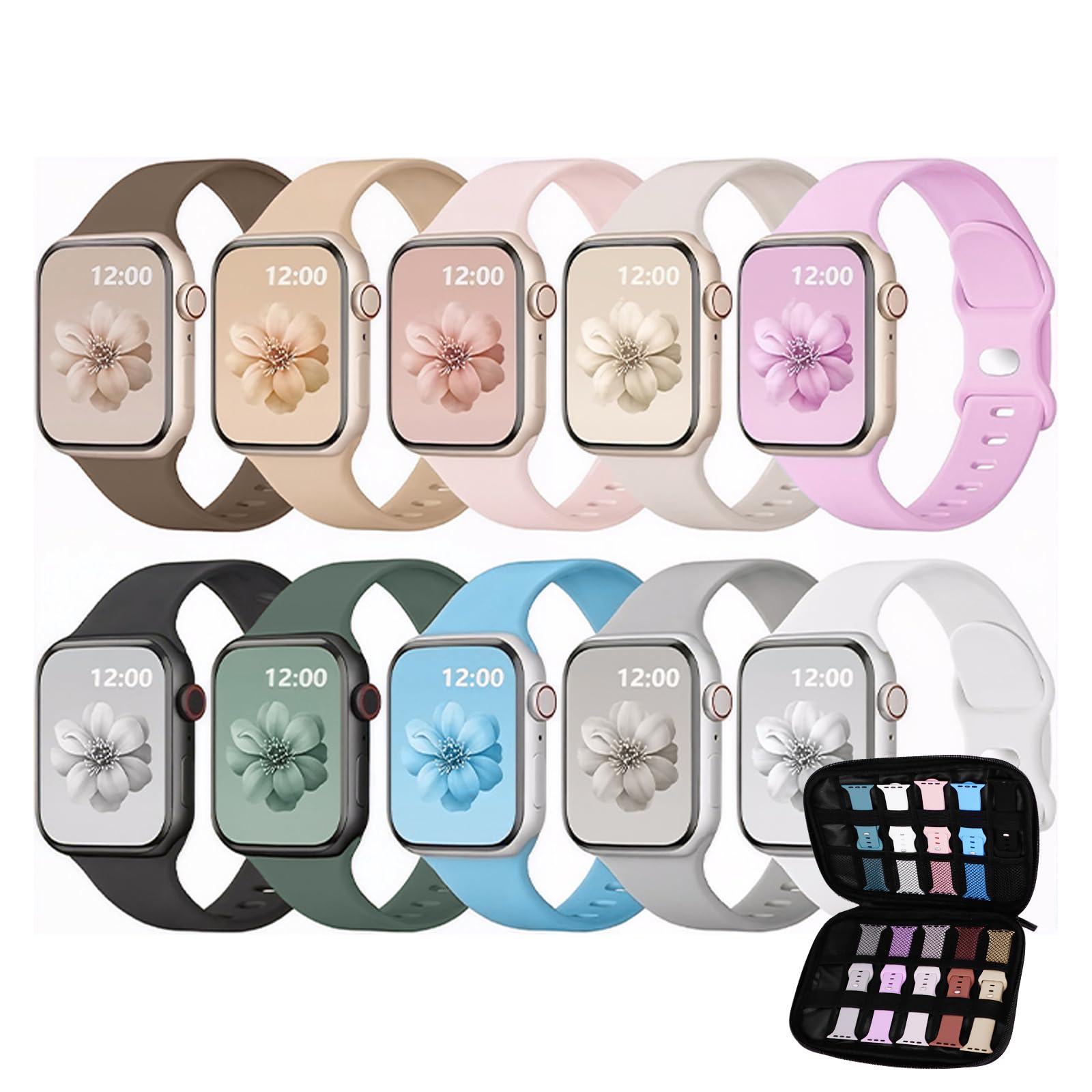iXTRA 10 Pack Sport Bands Compatible with Apple Watch Women Men 40mm 41mm 38mm 42mm 45mm 44mm 46mm 49mm, Silicone Strap with Watch Band Storage Case for iWatch Series 10 9 8 7 6 5 4 3 SE/Ultra 1/2