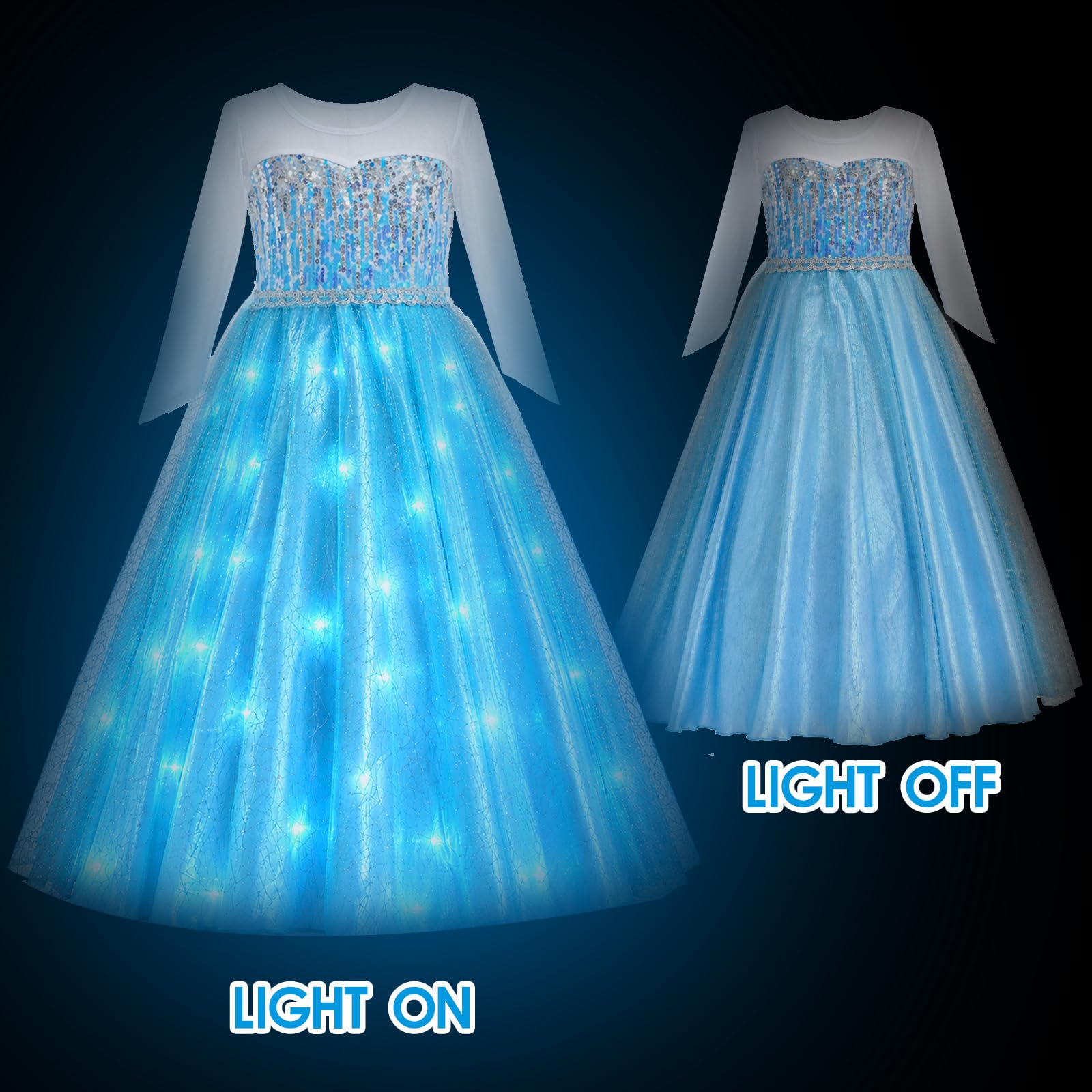 Davvew Enfant de Princesse, LED Déguisement Enfant, Robe Filles Costume, Halloween Noël Partie Carnaval Cosplay avec Accessoires