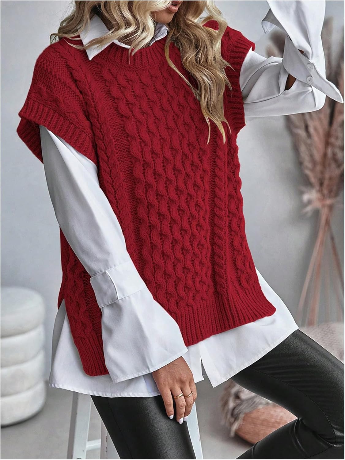 WDIRARA Women's Cap Sleeve Sweater Vests Crew Neck Split Side Pullover Knit Tank Tops - Image 5