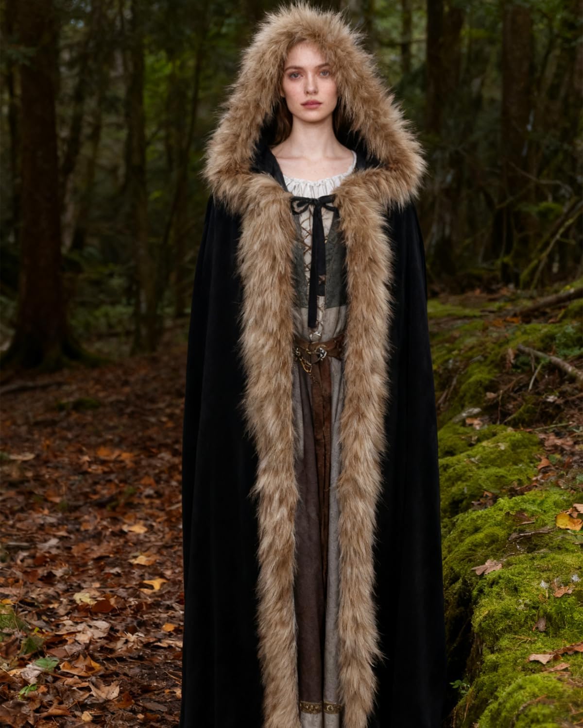 Joukavor Viking Fur Hooded Cloak Medieval Velvet Cape with Hood for Halloween - Image 4