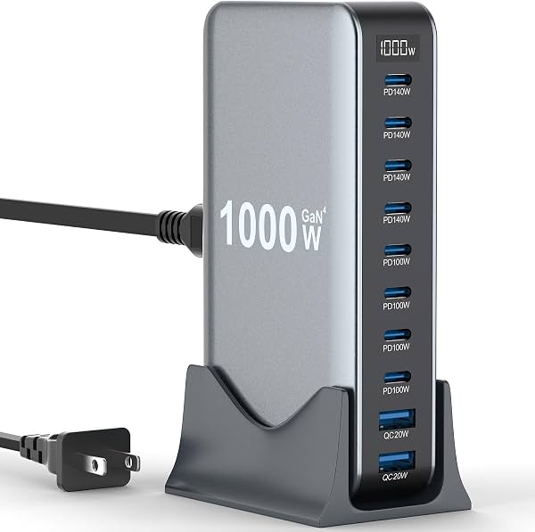 Cargador rápido USB C de 1000W, estación de carga USB de 10 puertos, GaN IV Pro con puerto PD de 140W y PPS para múltiples dispositivos, cargador de pared para laptop compatible con DELL, HP, MacBook Pro, iPhone 17/16 Pro, Galaxy S24.